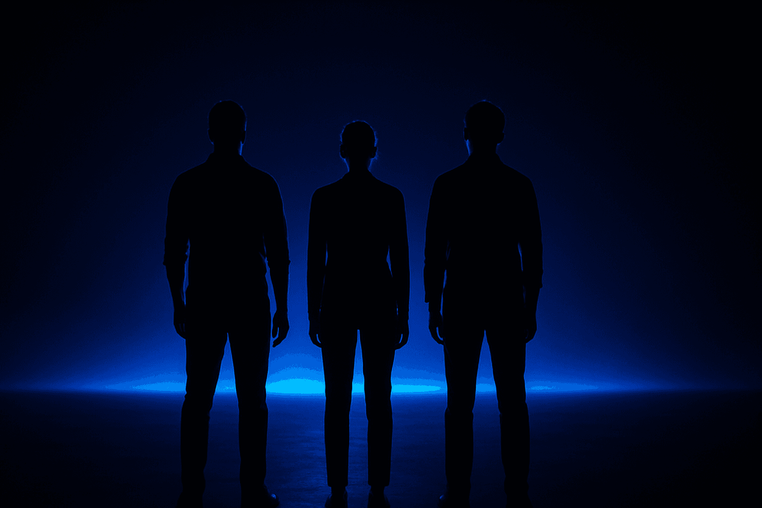Three silhouettes rim-lit in blue facing a glowing horizon