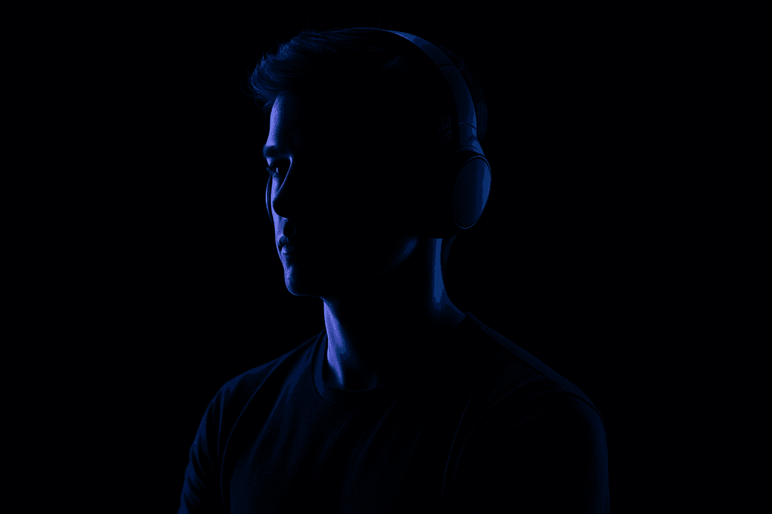 Support engineer wearing a headset, lit in blue