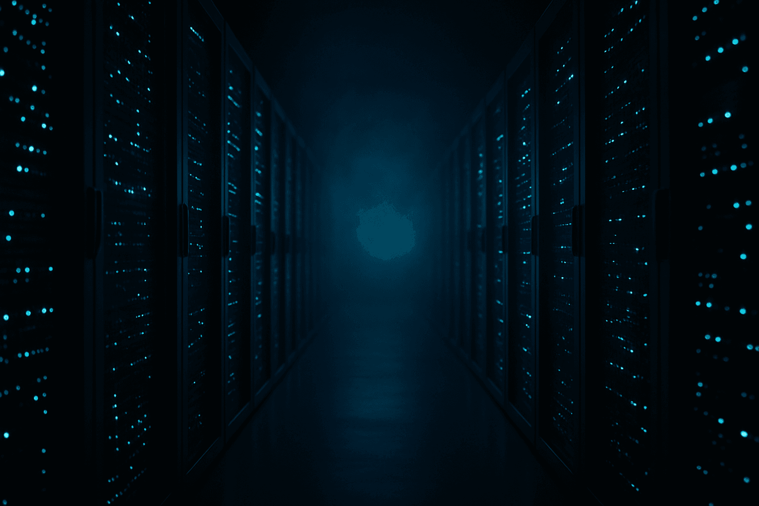 Dark data center aisle with blue LED-lit server racks