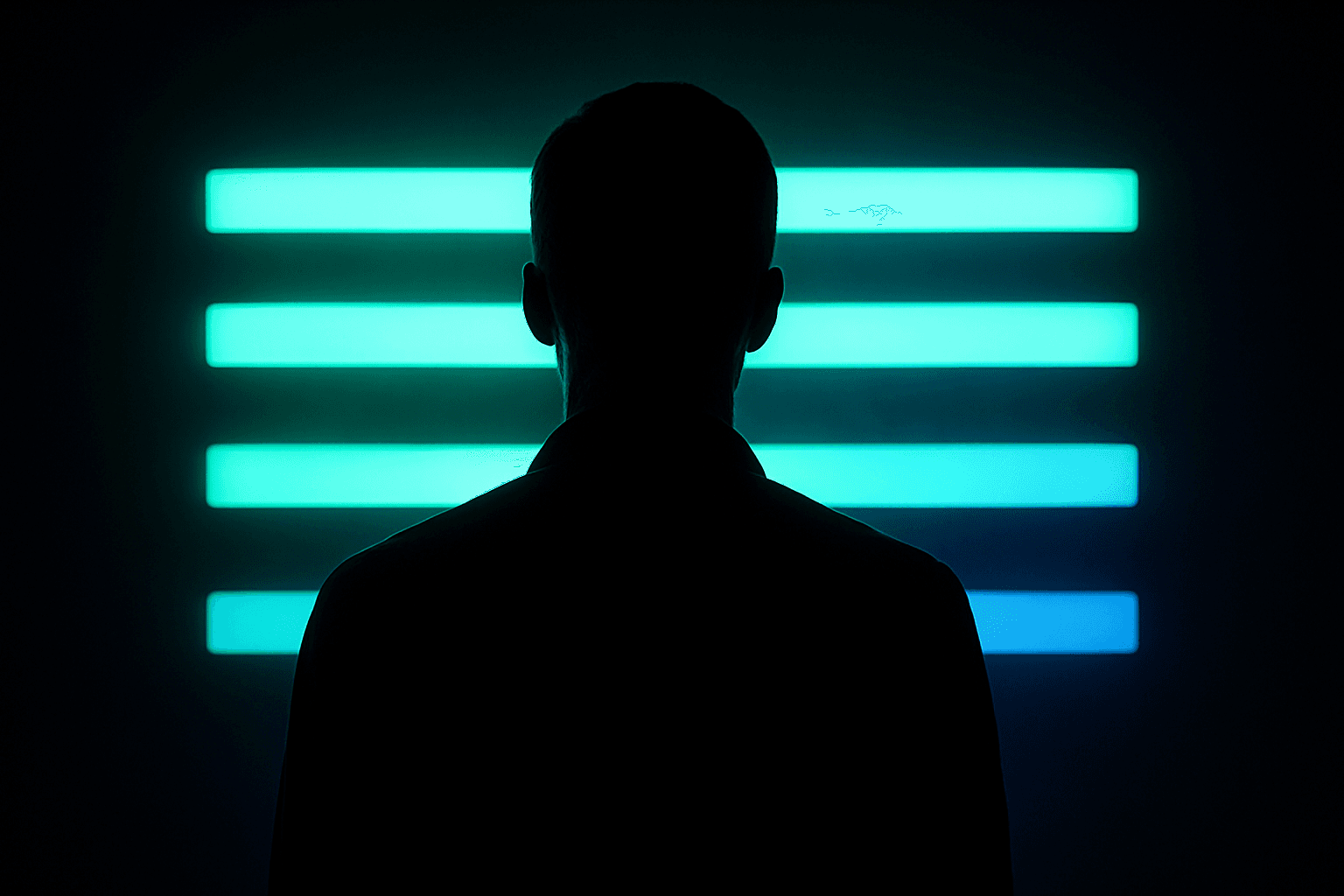 Silhouette facing floating bars of terminal-like light
