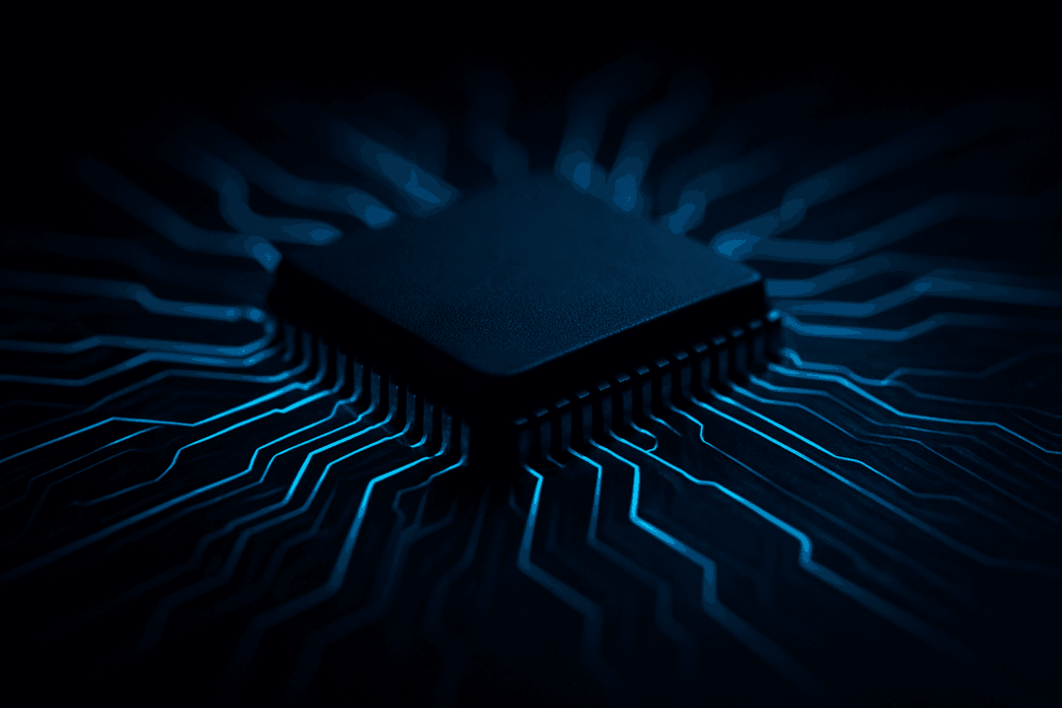 Macro of a chip with glowing blue circuit veins