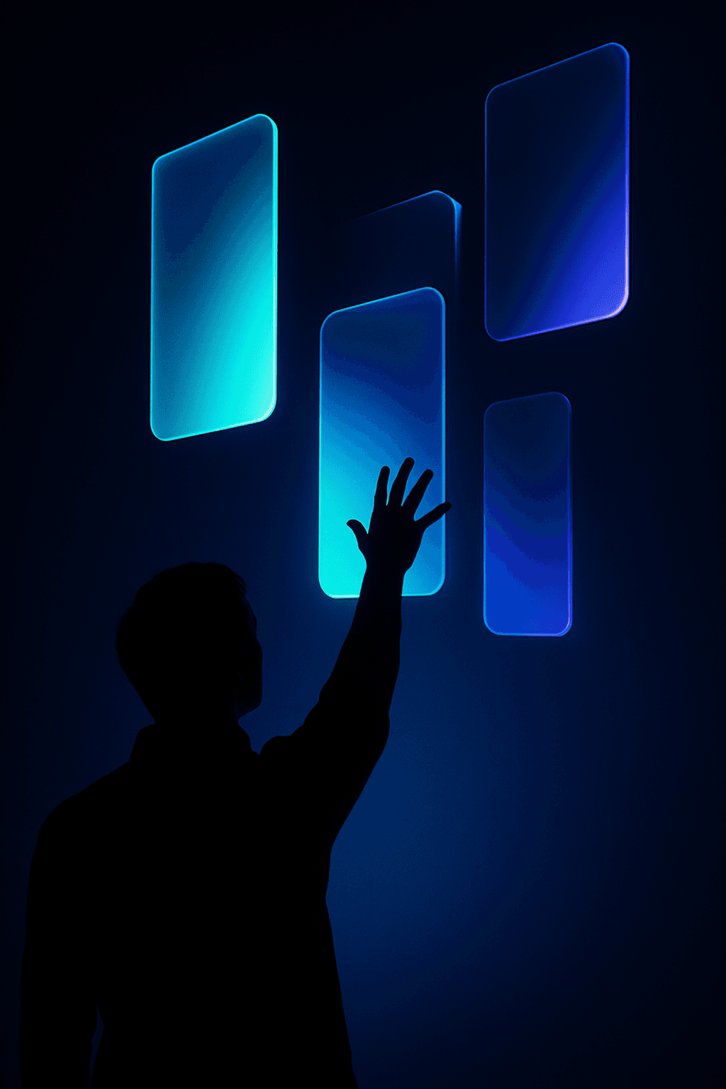 Silhouette reaching toward floating glowing panels