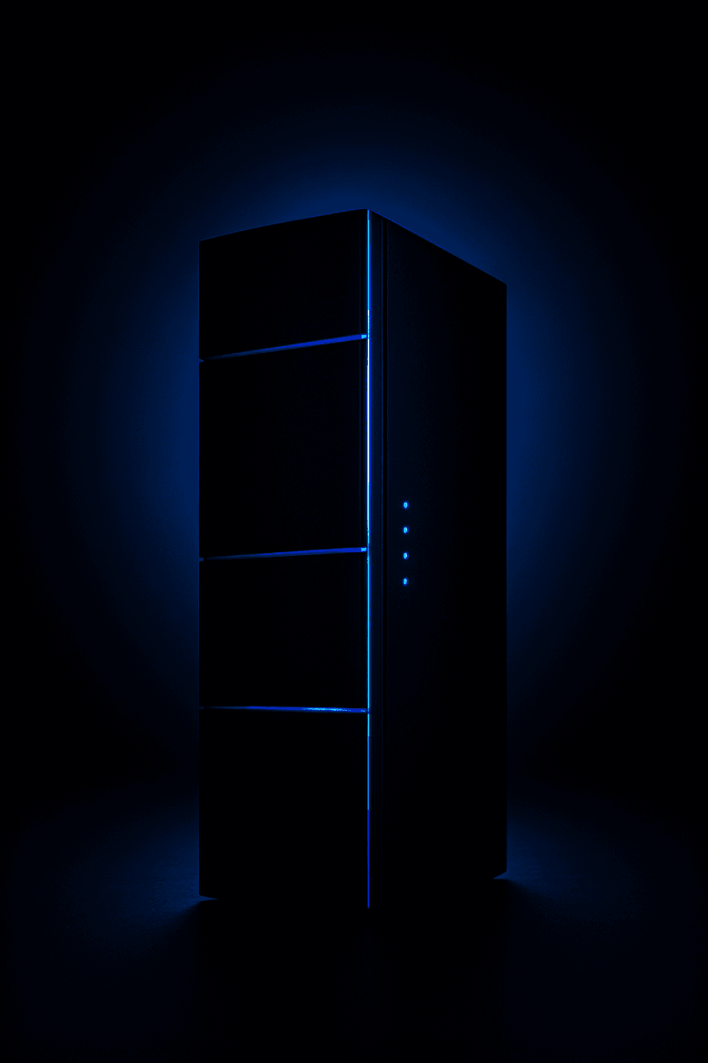 Dark server tower with glowing indigo light seams