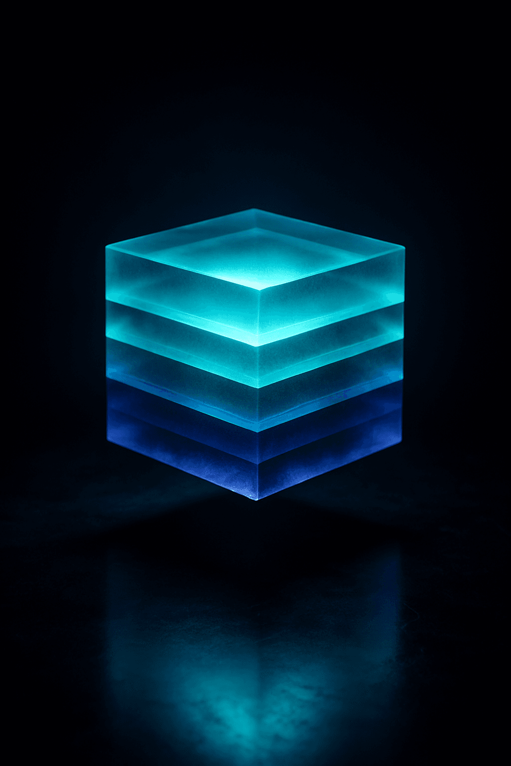 Floating cube of stacked teal and indigo light layers