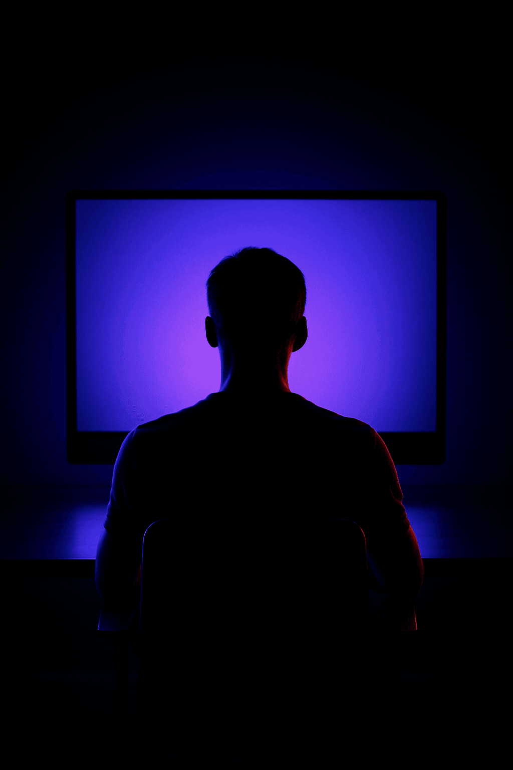 Person silhouetted before a glowing violet screen
