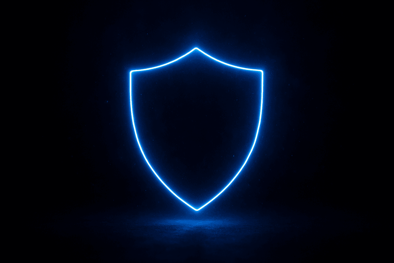 Luminous blue shield outline floating in darkness