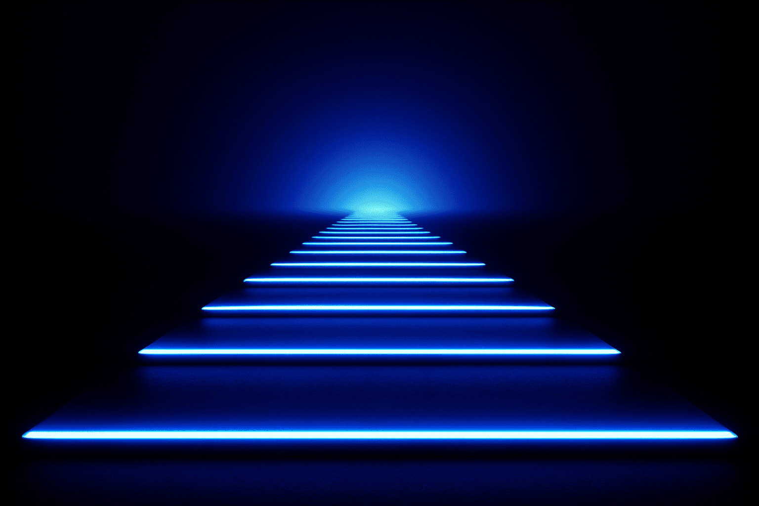 Glowing runway of light strips leading to a bright horizon