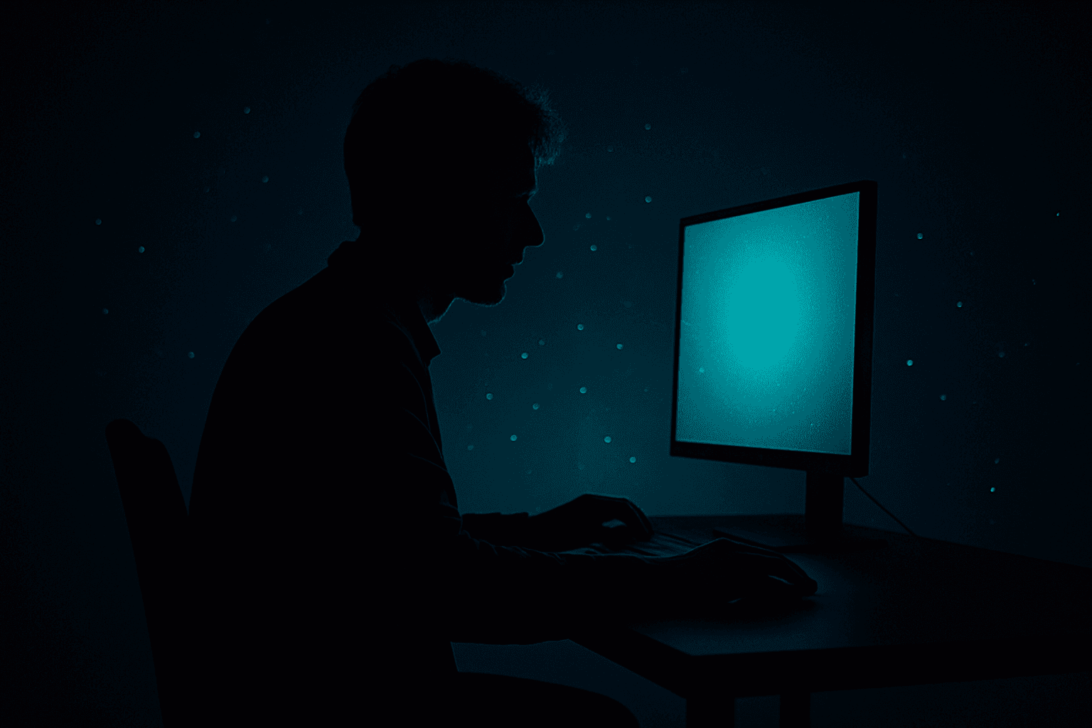 Creator silhouetted at a desk in teal screen glow