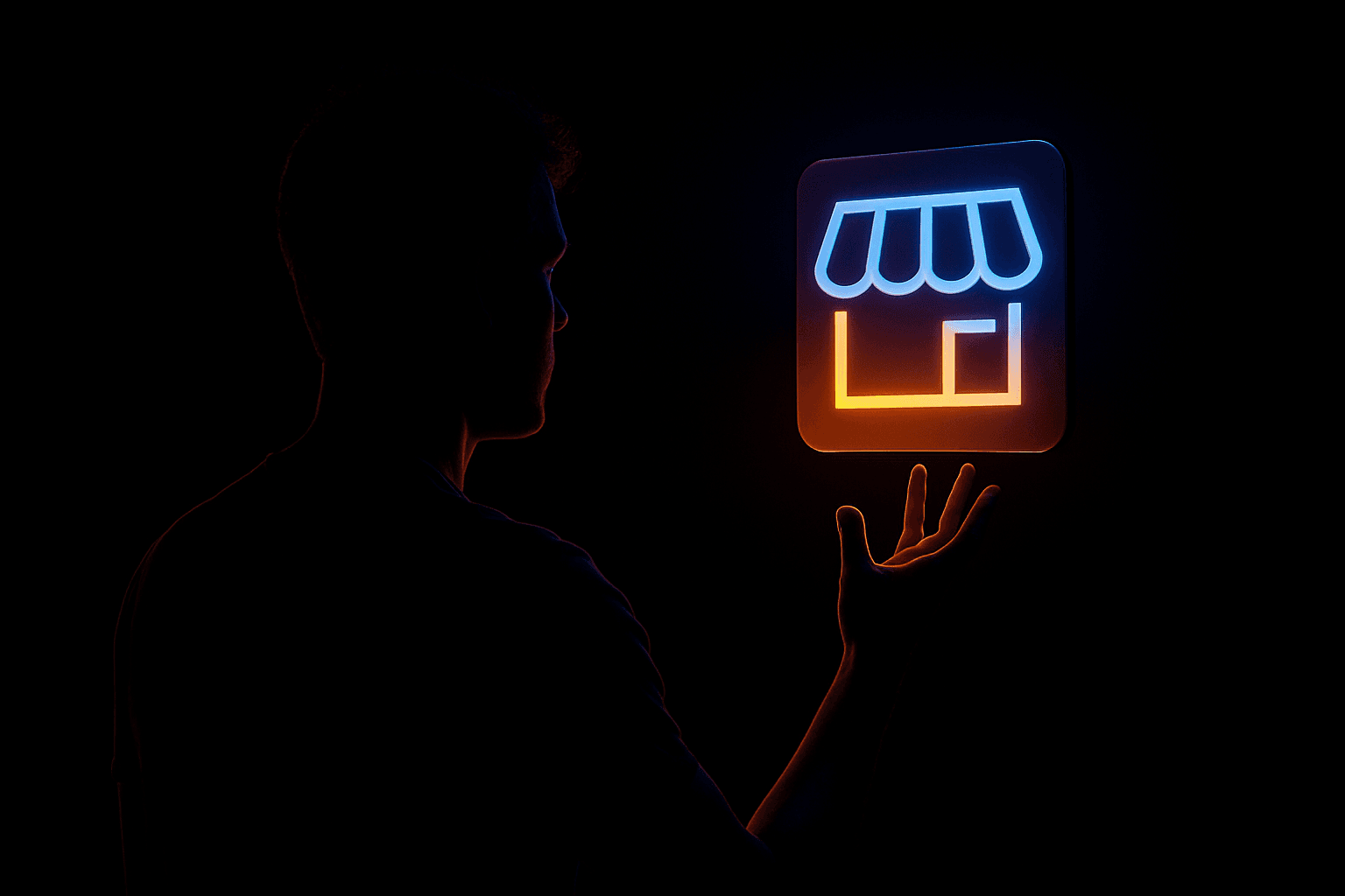 Silhouette reaching toward a glowing storefront panel