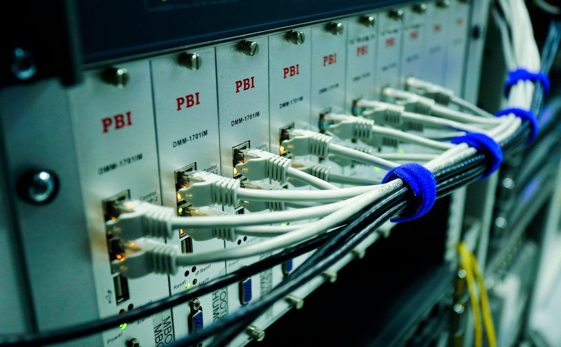 Close-up of dedicated server hardware mounted in a rack